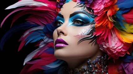 Beautiful Brazilian woman with colorful makeup, sexy carnival woman with feather headdress, generative ai