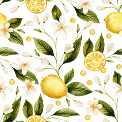 Lemon seamless watercolor pattern with white flowers and lemons tropical background