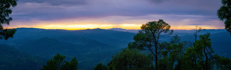 Beautiful landscape view of pine forest and sunset at himalayan range, Almora, Ranikhet, Uttarakhand, India with selective focus. Colourful sunset in Almora city, Kasardevi area.