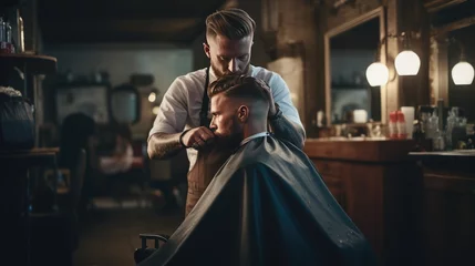 Fotobehang Man getting a haircut in a barbershop, AI generated Image © musa