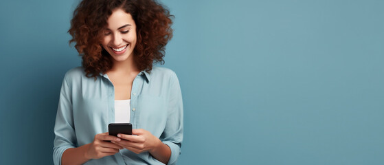 woman texting on cell phone Over  Blue Background 