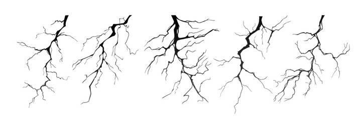 Lightning strike bolt silhouettes vector illustration set. Black thunderbolts and zippers are natural phenomena isolated on a white background. Thunderstorm electric effect of light and shining flash.