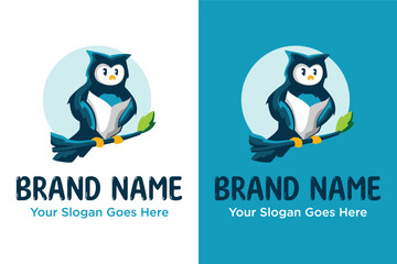 simple Owl reads a book sitting on a branch illustration logo design