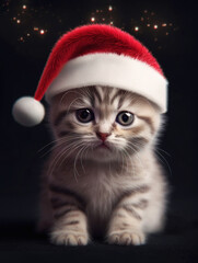 Funny kitten in a Santa hat on a dark background