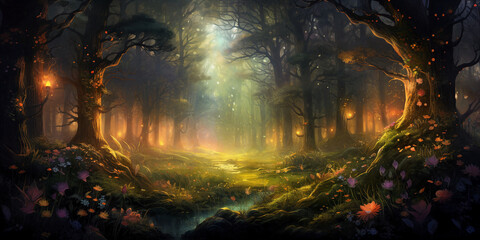 In a fantasy forest, a tranquil river winds its way through vibrant flowers. AI Generative.