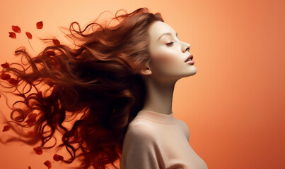 Fototapeta na wymiar portrait of a woman with brown hair Orange background 