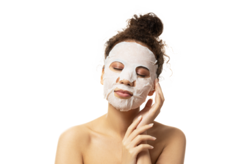 PNG,attractive girl in a cosmetic mask on her facet, isolated on white background