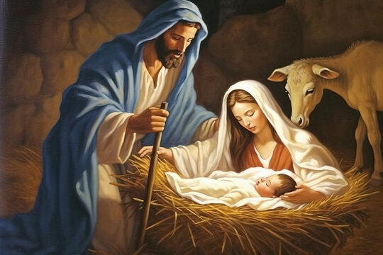 The newborn Jesus on the hay near Mary and Joseph