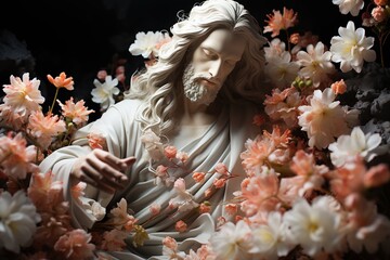 Sculpture of Jesus Christ decorated with flowers on a dark background