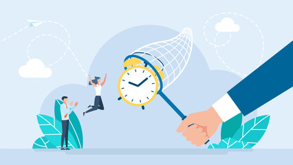 Deadline, planning, time management, chasing the clock. Tiny Characters Chasing the Running Time. Businessman holding a butterfly net. Man Rushes To Catch Clock With Butterfly Net. Vector Illustration