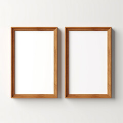 Two wooden picture frames on a light gray concrete wall.