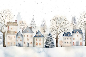 Fototapeta na wymiar White watercolor winter Christmas background with many small trees and houses Generative AI