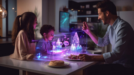 A family celebrating a virtual birthday party,  with virtual cakes and decorations visible through a HUD interface