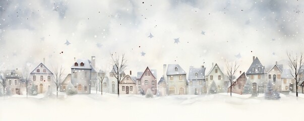 White watercolor winter Christmas background with many small trees and houses Generative AI