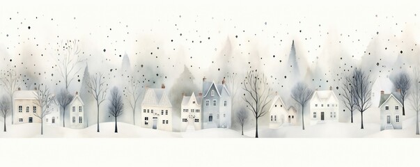 White watercolor winter Christmas background with many small trees and houses Generative AI