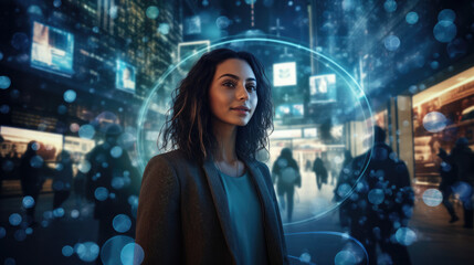 A person attending a virtual social gathering,  with friends avatars projected through a HUD interface