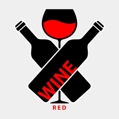 Wine Red logo with wine bottle and wineglass. Vector Illustration