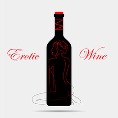 Wine Bottle Woman Logo. Sexy Lady in Red. Erotic background. Girl, Bar and Nightclub. Vector Illustration
