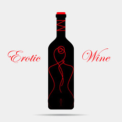 Wine Bottle Woman Logo. Sexy Lady in Red. Erotic background. Girl, Bar and Nightclub. Vector Illustration