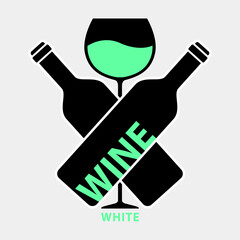 Wine White logo with wine bottle and wineglass. Vector Illustration