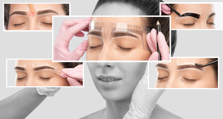 Make-up artist makes markings with white pencil for eyebrow and paints eyebrows. Professional...