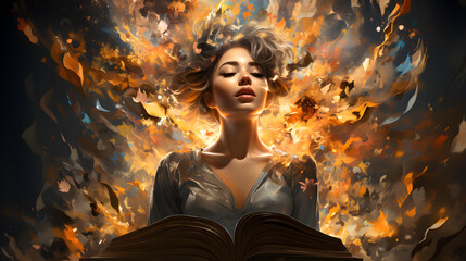 A woman reads a book. Learning Concept