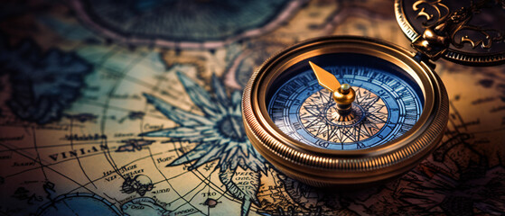 Fototapeta na wymiar Antique compass close up on top of blued map