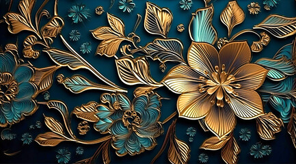 Dark Blue Background Adorned with Elegant Gold Flowers