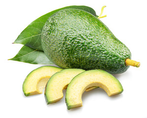 Avocado fruit with avocado slices isolated on white background.