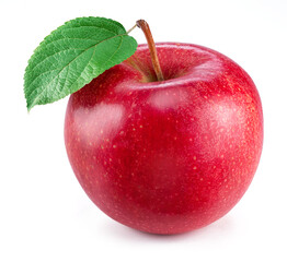 Red apple with green leaf on white background.