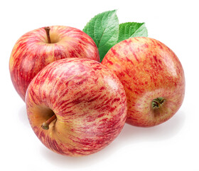 Fototapeta na wymiar Ripe honeycrisp apples and apple leaves isolated on white background.