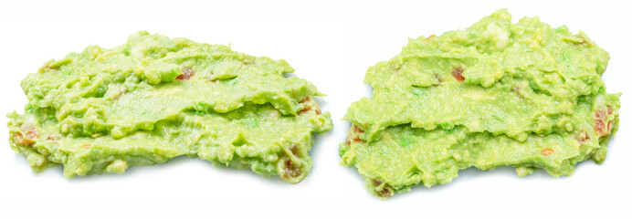 Guacamole or dip of avocado spread on white background. Top view.