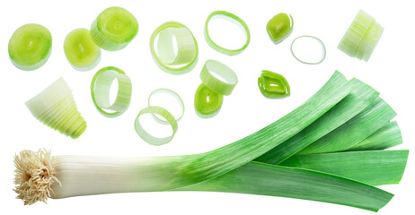 Rings of leek and leek with roots isolated on white background.