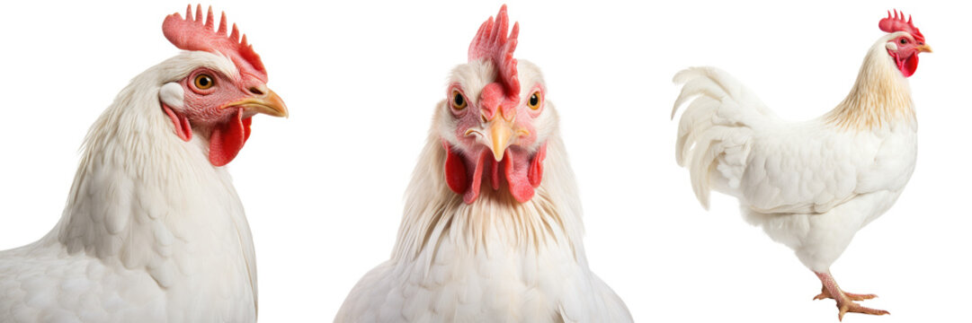 White chicken collection (portrait, standing, profile), animal bundle isolated on a transparent background