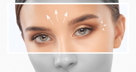 Portrait of a beautiful brunette girl with healthy clean skin and fresh make-up. Aesthetic...
