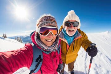 Fototapeta na wymiar Senior active couple ski in mountains