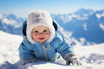 Fototapeta na wymiar Baby, infant having fun smiling in snow in winter mountains