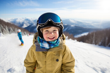 Fototapeta na wymiar Kid learning to ski in the mountains, happy wintertime, winter break