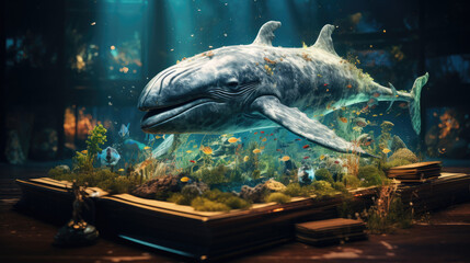 A giant whale swims in a large aquarium, generated AI