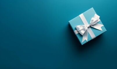 Gift box with satin ribbon and bow on blue background. Holiday gift with copy space. Birthday or Christmas present, flat lay, top view. Christmas giftbox concept. Generative AI