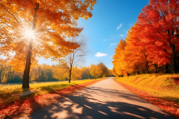 Naklejka na ściany i meble Picturesque natural autumn landscape with sun, blue sky, road and beautiful trees with red and orange foliage