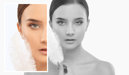 Portrait of attractive girl with healthy clean skin and beautiful make-up. Aesthetic cosmetology...