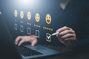 Man touch smartphone with Customer review satisfaction feedback survey concept, User give rating to service experience on online application, service leading to reputation ranking of business.