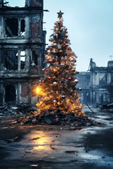 Christmas tree in ruined post war city. Concept of hope