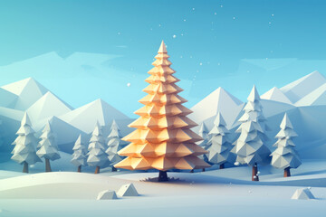 Low poly winter landscape with Christmas tree