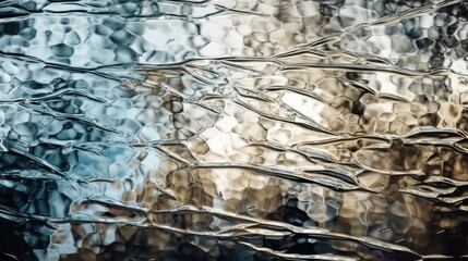 Frozen glass, sky and forest in the background, abstract background with space for text. Generative AI.