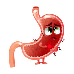 Sad cartoon stomach character with inflammation