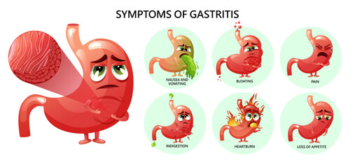 Cartoon stomach characters infographic gastritis symptoms