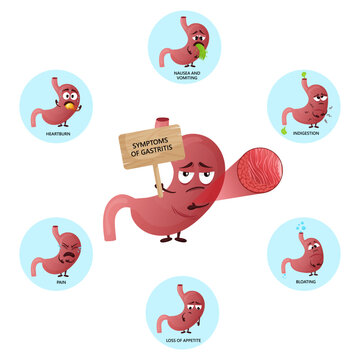 Gastritis symptoms infographic with cartoon stomach characters