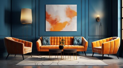 An orange and blue tufted sofa and a stucco wall are adjacent to each other. Art deco interior design of modern living room.